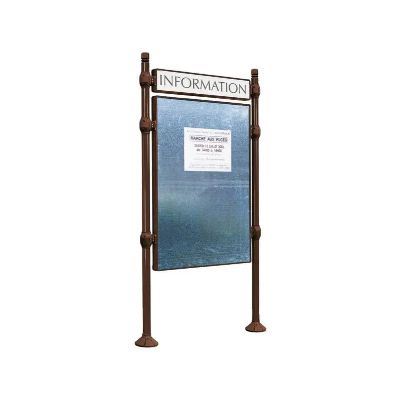 Panneau d'affichage vertical en extérieur à fixer avec bandeau titre, avec pommeau city marron