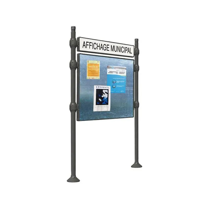 Panneau d'affichage horizontal en extérieur à fixer avec bandeau titre, avec pommeau city gris city