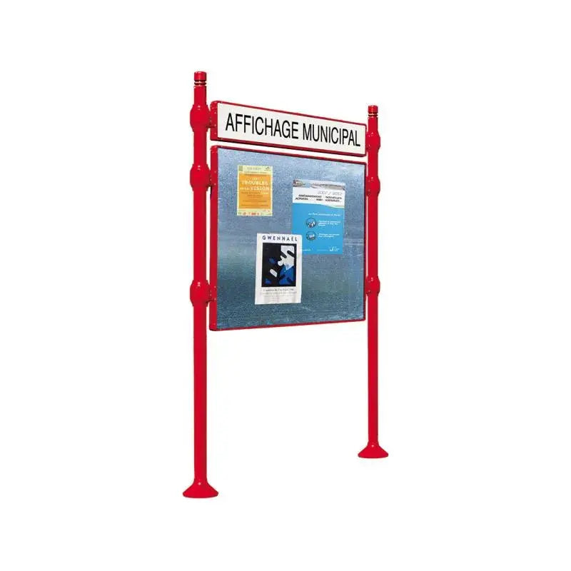 Panneau d'affichage horizontal en extérieur à fixer avec bandeau titre, avec pommeau city rouge