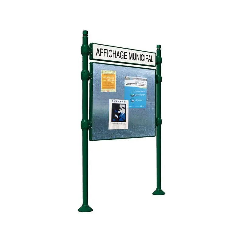 Panneau d'affichage horizontal en extérieur à fixer avec bandeau titre, avec pommeau city vert