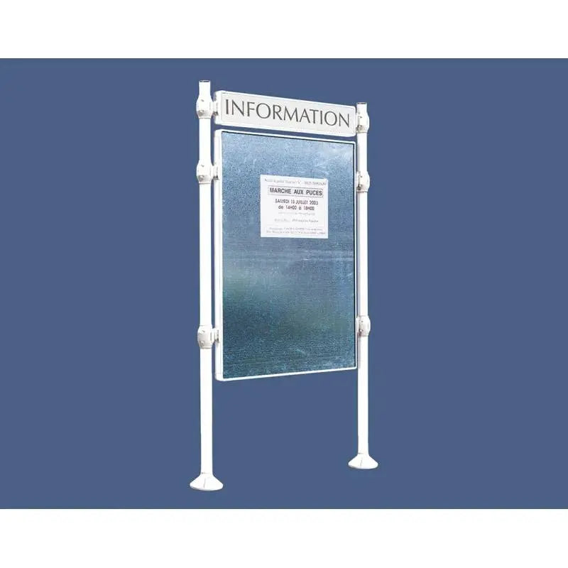 Panneau d'affichage vertical en extérieur à fixer avec bandeau titre, avec pommeau en inox brossé blanc