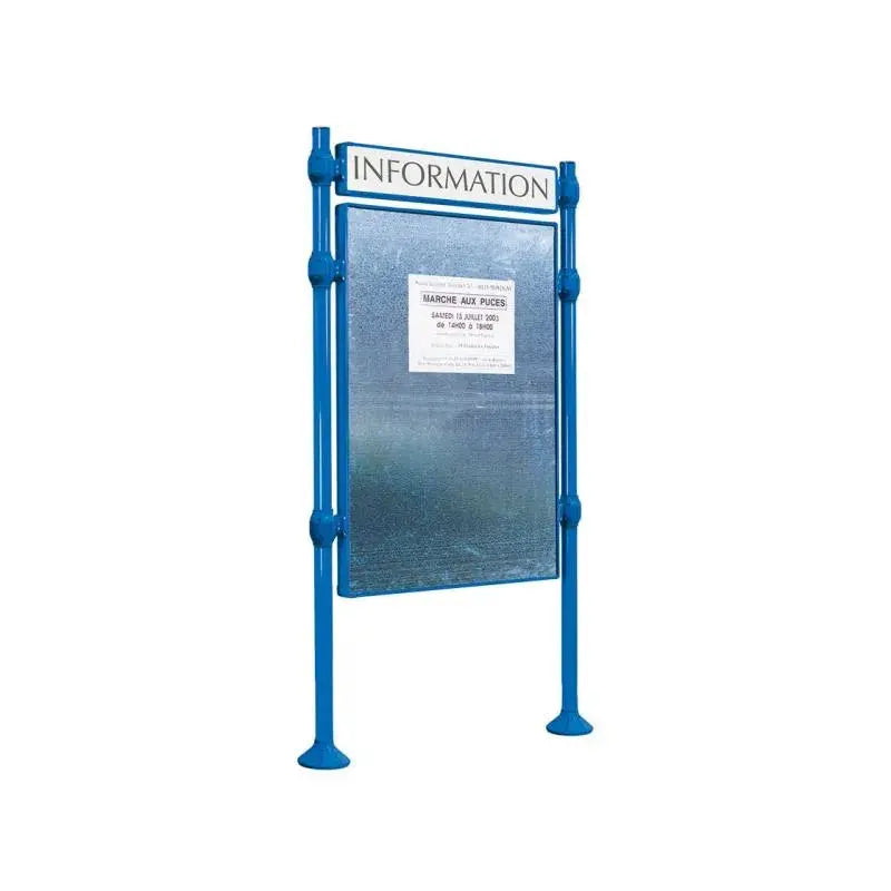 Panneau d'affichage vertical en extérieur à fixer avec bandeau titre, avec pommeau en inox brossé bleu