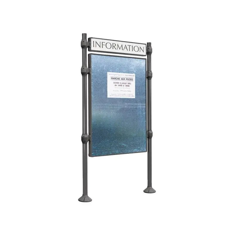 Panneau d'affichage vertical en extérieur à fixer avec bandeau titre, avec pommeau en inox brossé gris city