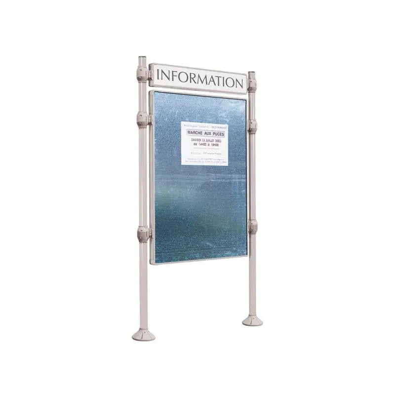 Panneau d'affichage vertical en extérieur à fixer avec bandeau titre, avec pommeau en inox brossé gris clair