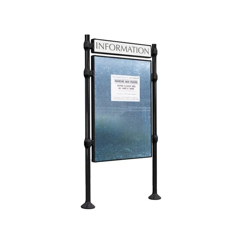 Panneau d'affichage vertical en extérieur à fixer avec bandeau titre, avec pommeau en inox brossé noir