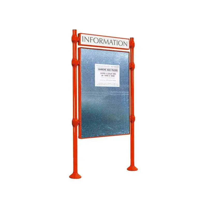 Panneau d'affichage vertical en extérieur à fixer avec bandeau titre, avec pommeau en inox brossé rouge