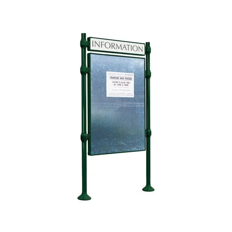 Panneau d'affichage vertical en extérieur à fixer avec bandeau titre, avec pommeau en inox brossé vert