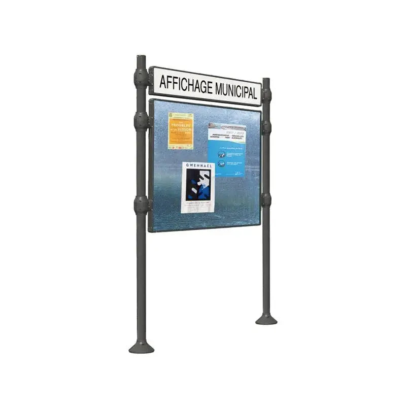 Panneau d'affichage horizontal en extérieur à fixer avec bandeau titre, avec pommeau en inox brossé gris city