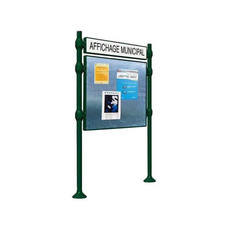 Panneau d'affichage horizontal en extérieur à fixer avec bandeau titre, avec pommeau en inox brossé vert