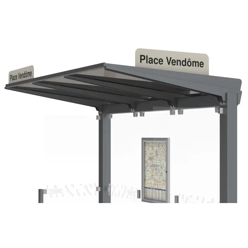 Plaque d’arrêt latéral 815 mm pour abribus Venise en acier galvanisé 3 mm, finition peinture sur galva pour mobilier urbain et signalétique d’arrêt de bus.