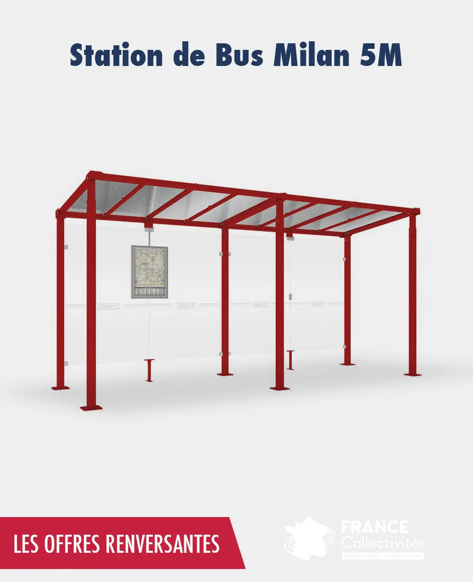 Abribus Milan 5 m avec structure acier et toiture polycarbonate anti-UV