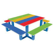 Table de pique-nique enfants Arc-en-ciel compacte avec plateau et assises multicolores rouge, jaune, vert et bleu, structure en acier thermolaqué bleu, adaptée aux écoles, crèches et aires de jeux.