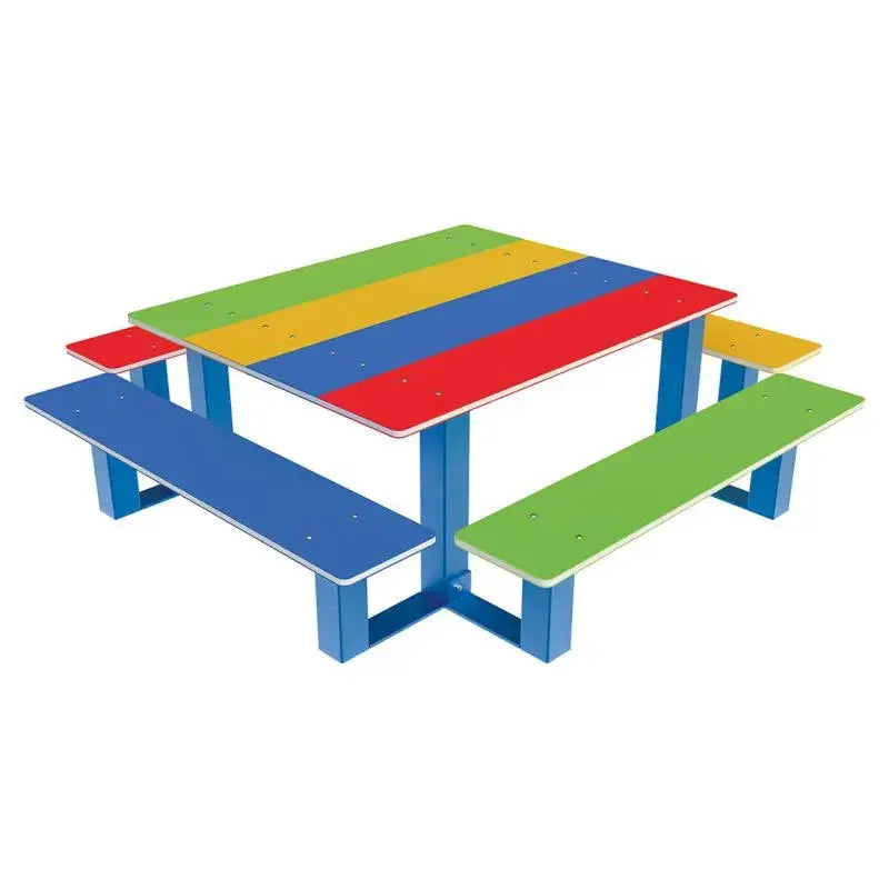 Table de pique-nique enfants Arc-en-ciel compacte avec plateau et assises multicolores rouge, jaune, vert et bleu, structure en acier thermolaqué bleu, adaptée aux écoles, crèches et aires de jeux.