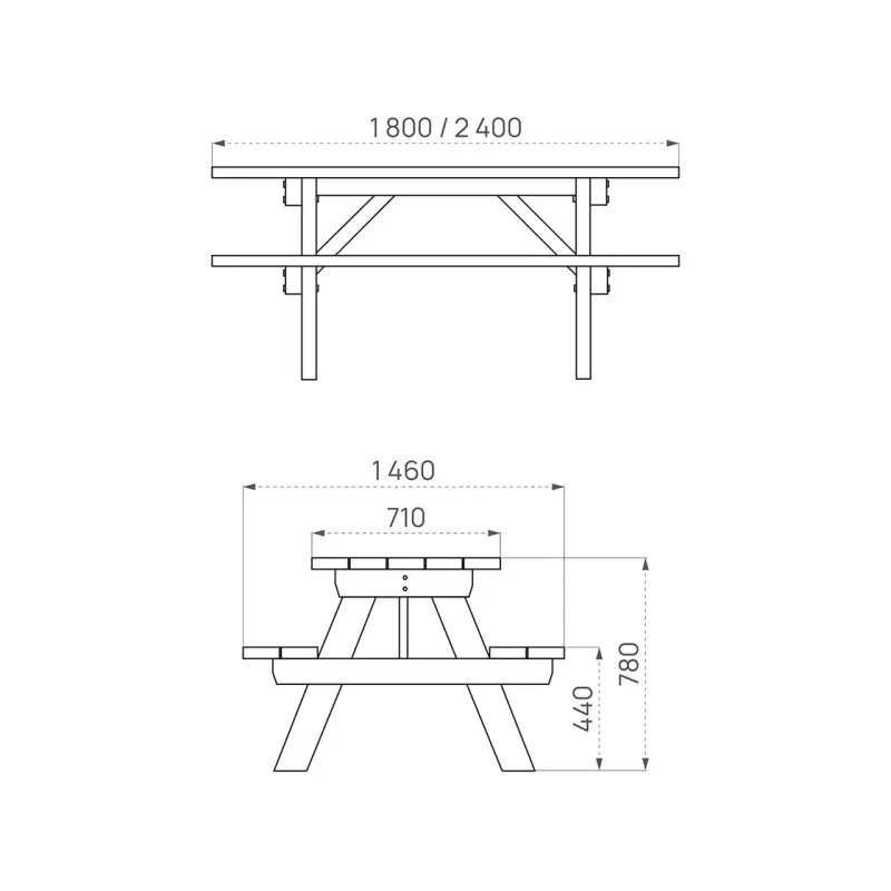Schéma des dimensions de la table de pique-nique Turin en bois