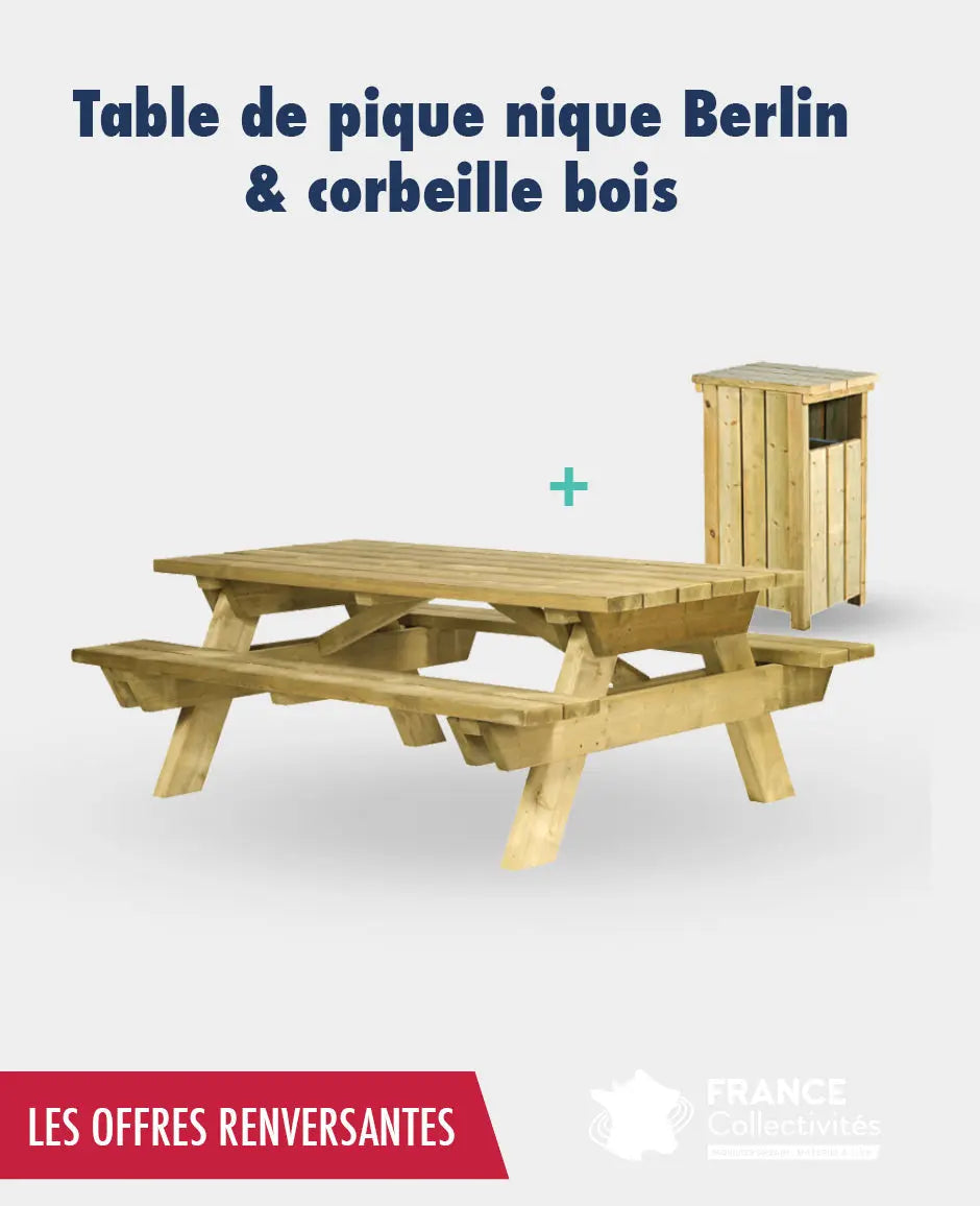 Promo 3 tables pique nique Berlin + 2 corbeilles bois Alicante france collectivités